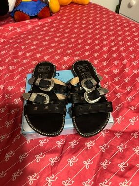 Black Studded Buckle Slide Sandals